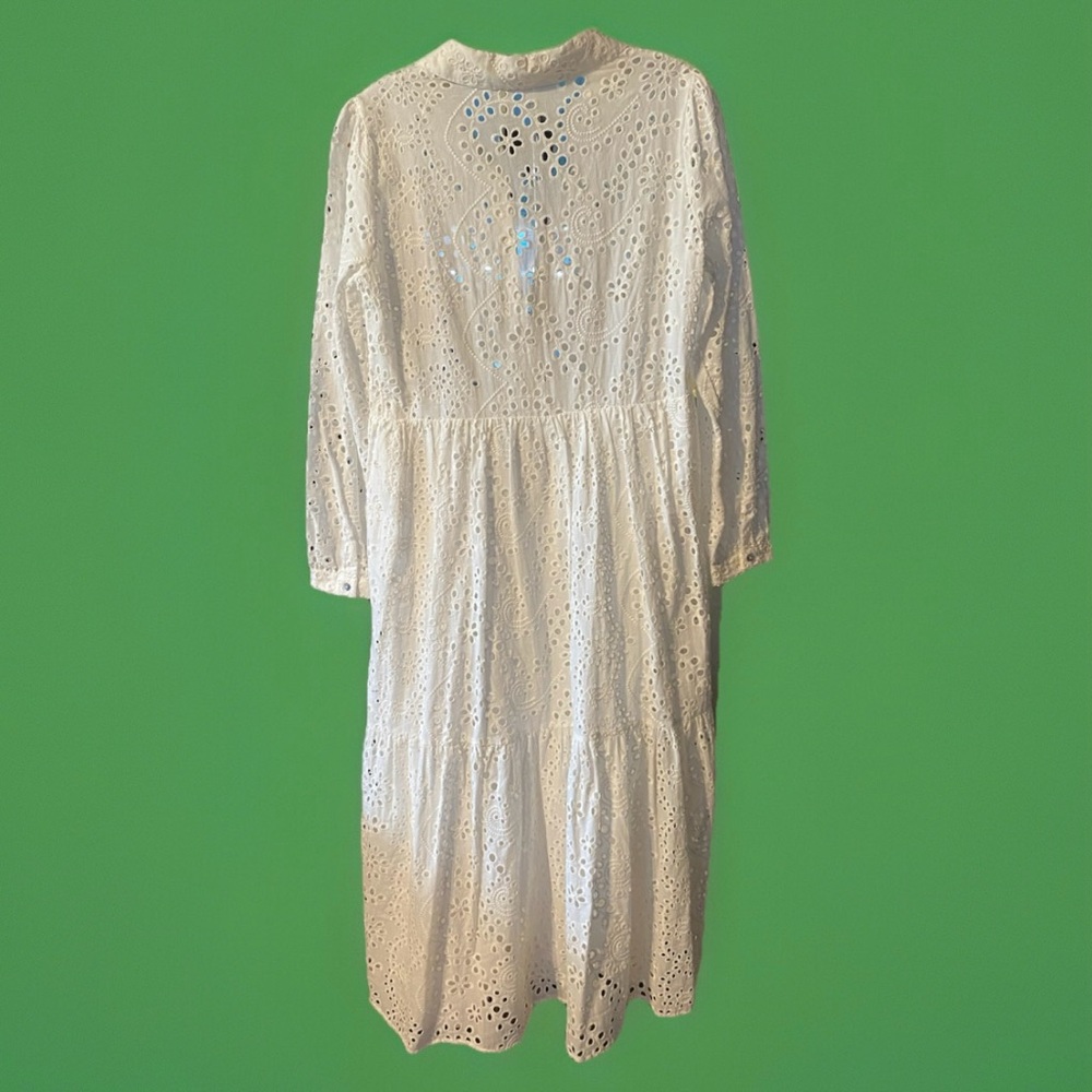Zara White Eyelet Midi Dress Small 100% Cotton Boho Chic Tiered Shirt Dress S - Picture 6 of 7